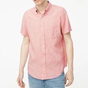 J.Crew Pink Red Houndstooth Linen Cotton Shirt Buttons-Up Short Sleeve Sz Large